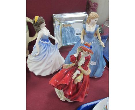 Royal Doulton Figurines, 'Michelle' and 'Top o' The Hill' on mirrored display stands, with a Royal Worcester figurine 'Rosali