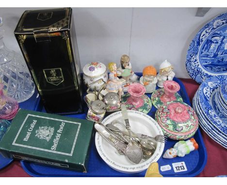 Boxed Edinburgh Crystal Whisky Decanter, pewter hip flask, Maling dressing table ware, Chintz Summertime cruet set, etc:- One