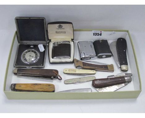 Ingersoll Triumph Travelling Clock, three Ronson lighters, nine pocket knives including Harrison Brothers, Butler, other Shef
