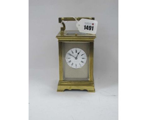 Brass Cased Carriage Clock, patent surety roller to back plate, Oullivant and Botsford of Manchester to white dial, reeded co