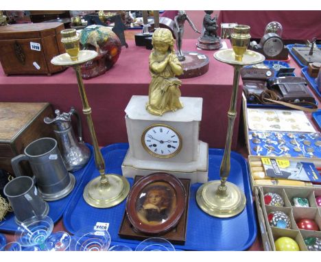 XIX Century French Mantel Clock, (damaged), XIX Century oval chrysoleum, pair of brass candlesticks:- One Tray.