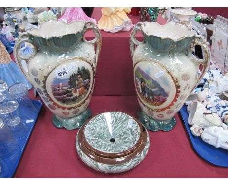 A Pair of Large Vcitorian Vases, Shepherd and Doe scene on one, Hunting scene on the other; plus a stoneware Vicorian spittoo