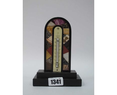 Marble table barometer, c. late XIX century, dome topped, mounting varying mineral specimens on stepped base, 14.5cm h.