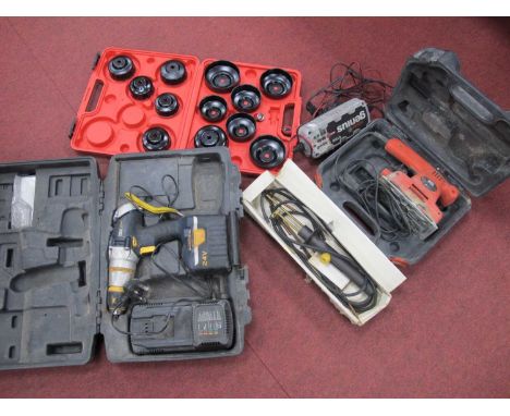 Tools - a Mac Allister cased power drill with charger, Genius Automotive battery charger, Black &amp; Decker sander, etc(unte