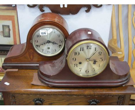 Edwardian Inlaid Mahogany Mantel Clock, with Westminster chimes; 8-Day movement example. (2)