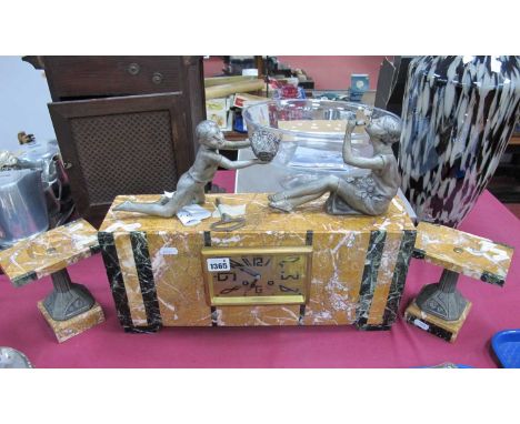 Art Deco Three Piece Clock Garniture, the rectangular orange marble clock case 45cm wide, surmounted by white metal flower gi