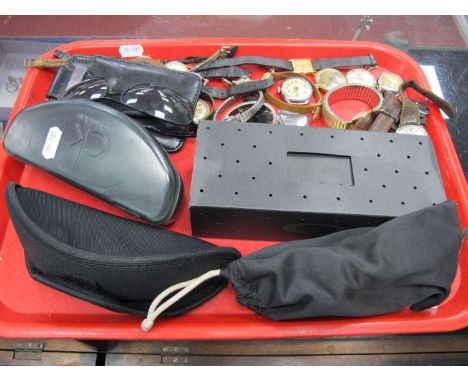 Collection of Sunglasses, including some stamped 'Crosshiar', 'Halfwire' and 'Relx' etc, with an accumilation of watches, inc