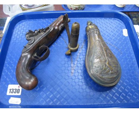 A Model Flintlock Pistol, marked Bond to one side, a copper and brass powder flask, and another brass piece marked 'James Dix