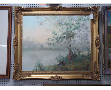 R. L'Aveque, Childrden Under Tree by Lake, oil on canvas, circa 1970's, signed lower right, 49 x 59.5cm.