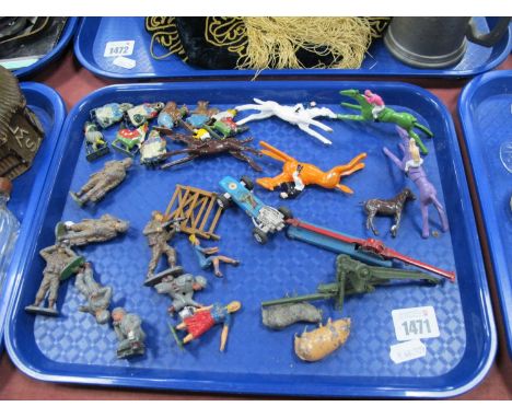 Eight 1930's Cadbury's Coco Cub lead figures, five Chad Valley lead horse and jockeys, lead soldiers, etc:- One Tray