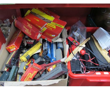 Triang Model Railway engine, coaches, Dublo crane, track, building tunnel, etc, Scalextric items:- Two Boxes.