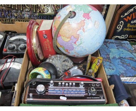 A Roberts R707 radio, model globe on wooden stand, stained glass butterfly and cat lamps and a WM Widdop wall clock etc: - On