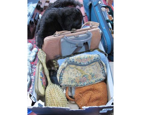 Mappin &amp; Webb Reptile Skin Handbag, seven other ladies bags, Sovereign purse, needlework backed dressing table wear, etc: