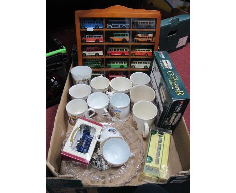Fifteen Model Buses in Display Case, two others, commemorative ware, coronation coach:- One Box