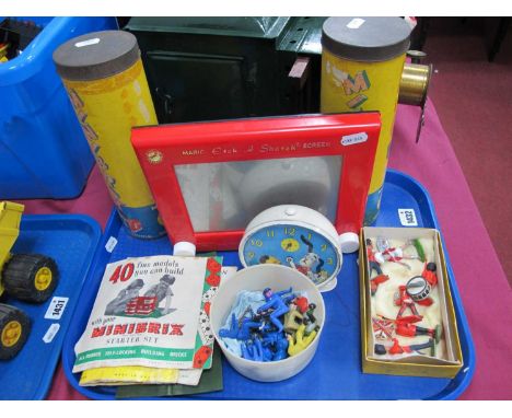 Britain's Model Soldiers, Minibrix tubs with instruction leaflets, Etch a Sketch, Sooty and Sweep nursery clock, etc:- OnE tR