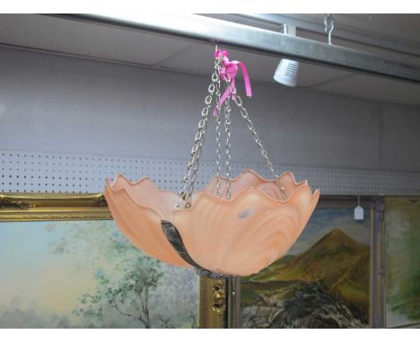 A 1930's Art Deco Pink Glass Three Section 'Shell' Ceiling Light, original chains.