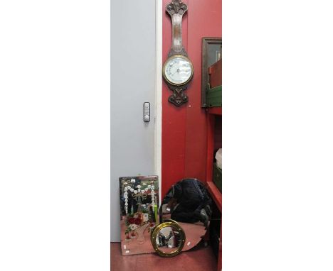 A Victorian Barometer, a small convex brass porthole mirror, a Victorian Painted and etched Gypsy mirror plus a further oval 