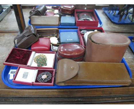 Costume Jewellery, leather boxes, pen set, flask, etc:- One Tray.