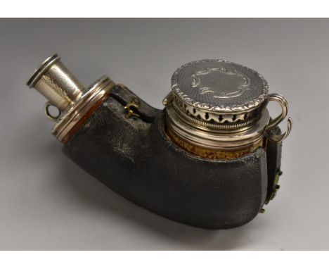 A Victorian silver-mounted Meerschaum pipe bowl, hinged engine turned drum cover above a reticulated frieze, S-scroll thumbpi