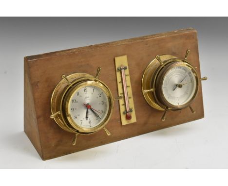 A Schatz Minimar nautical weather station, with clock, thermometer and barometer, 6.5cm dials, 29cm wide overall