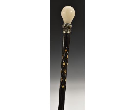 A gentleman's white onyx and silver mounted walking stick, sprally fluted Anglo-Indian ebony shaft, composed, the ferule Birm