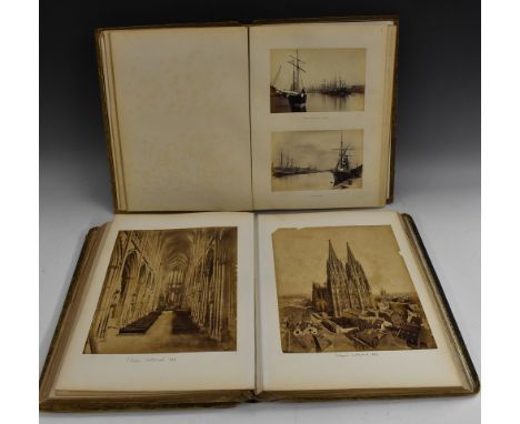 Photography - Topography and Architecture, a late Victorian green calf and inlaid leather photograph album, applied with b/w 