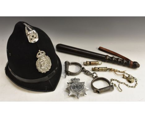Policing Interest - a mid-20th century turned policeman's truncheon, 40cm long; a conforming pair of handcuffs and two whistl
