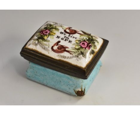 A George III South Staffordshire enamel rectangular patch box, the domed hinged cover centred by the maxim We live in Hope, w