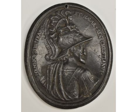 A 19th century lead oval medallion, in relief with a portrait of Henri III, with legend Henricus III Franc Et Navar Rex Chris