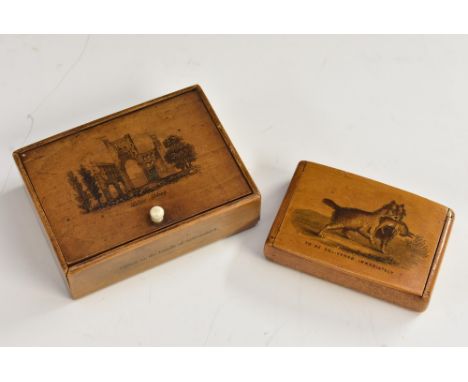 A 19th century sycamore rectangular snuff box, hinged cover transfer printed with a dog retrieving a rabbit, titled To Be Del