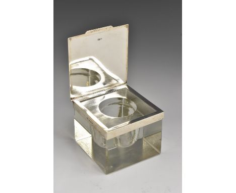 A large Art Deco silver mounted square inkwell, the hinged cover engine turned, 9.5cm wide, Birmingham 1930  
