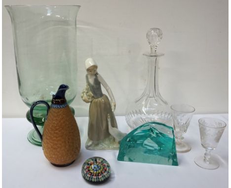 ASSORTED LOT OF GLASSWARE AND OTHER ITEMS
including a large storm lantern, two onion shaped decanters and stoppers, a toastin