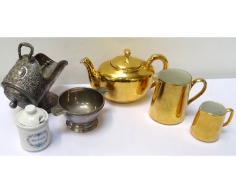 MIXED LOT OF COLLECTABLES
including a silver plated quaich, sugar bowl and candle snuffer, a Royal Worcester gilt tea pot and