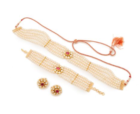 A CULTURED PEARL NECKLACE, BRACELET &amp; EARRING JEWELLERY SET
To include, a pair of earrings, a chocker necklace and a brac