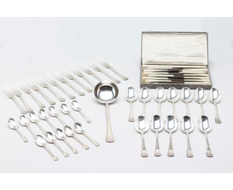 A SET OF CHRISTOFLE SILVER PLATED CUTLERY
Comprising: twelve teaspoons, twelve spoons; twelve forks and a ladle, in a fitted 