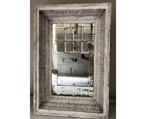 ARCHITECTURAL WALL MIRROR, grey painted and gesso moulded rectangular with deep egg, dart and acanthus frame, 153cm x 104cm x