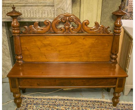 HALL BENCH, Victorian mahogany with panel seat and raised back, 137cm W.
