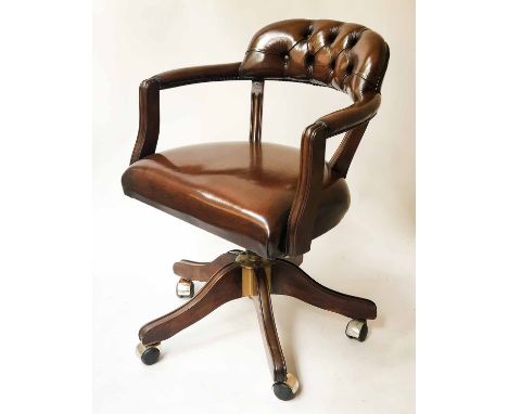 REVOLVING DESK CHAIR, Norwegian mid 20th century style brown leather with button bow back revolving and reclining on an adjus