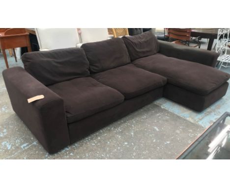 CORNER SOFA, contemporary, upholstered in dark chocolate cotton fabric, 292cm W x 64cm H x 168cm D (with faults, marks to fab