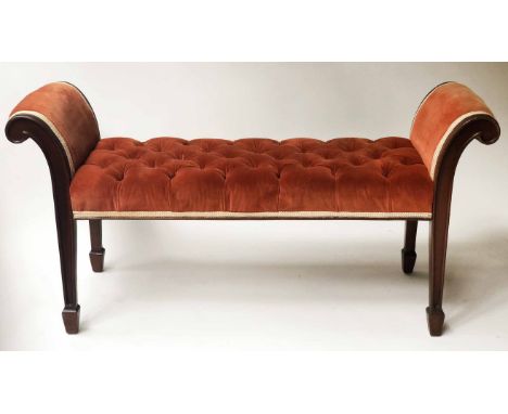 WINDOW SEAT, George III design mahogany with deep button velvet upholstered seat and scroll arms, 115cm W.