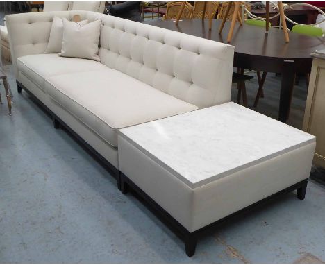 SOFA AND OTTOMAN, natural linen from Zimmer and Rhode, sofa 240cm x 90cm x 83cm, ottoman 90cm x 70cm. (2)