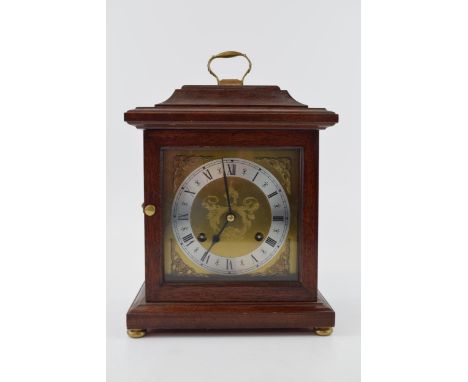 Quality reproduction bracket clock, with four brass bun feet, untested, with key, 24cm tall.  