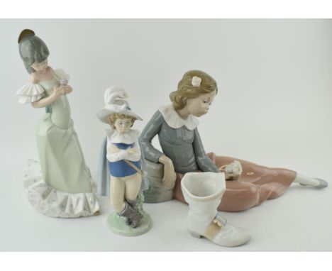 A collection of Nao to include a Cavalier, a boot, a girl in a green dress and a girl playing with flowers, 27cm long (4).  I