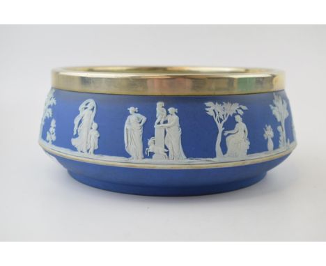 Wedgwood Jasperware blue dip bowl with classical scenes and silver-plated rim. Diameter 21cm, height 9cm.  In good condition 