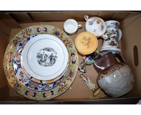 A group of mostly early 19 th century British ceramics, to include: bat printed, hand-painted porcelain, a Spode transfer-pri