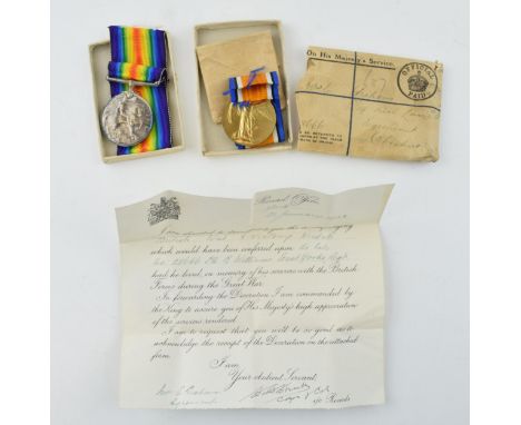 A collection of medals and ephemera to include a 1914 -1918 medal and a Great War 1914 - 1919 medal. Original cardboard box a