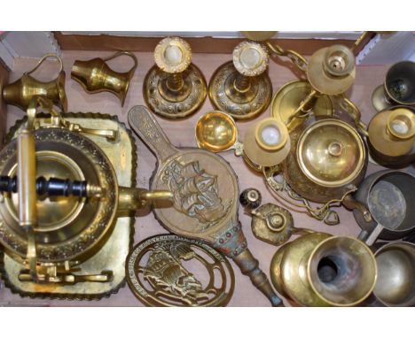 Metalware to include a brass spirit kettle, candlesticks, a candelabra and others (Qty).  