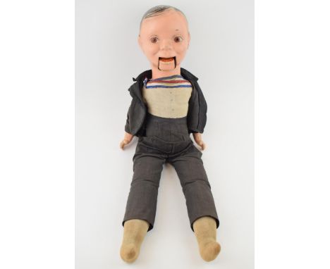 'Charly McCarthy' ventriloquists dummy doll c1930s. Reliable Toys, Canada. Height 59cm.  Original string to mouth, although m