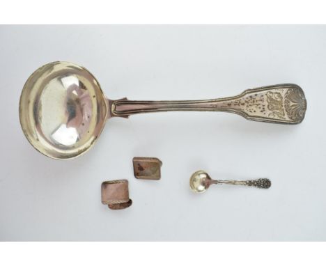 A Georgian silver ladle together with a pair of silver cufflinks and a salt spoon. (Weight 91.4 grams)  In original antique a