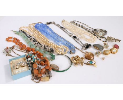 Collection of costume jewellery to include synthetic pearl necklaces and various other necklaces, brooches and a watch (Qty)